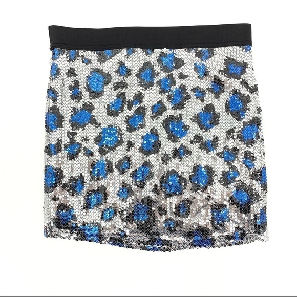 Sans Souci Silver/Blue Sequined Leopard Print Mini Skirt Size Large - Picture 3 of 8